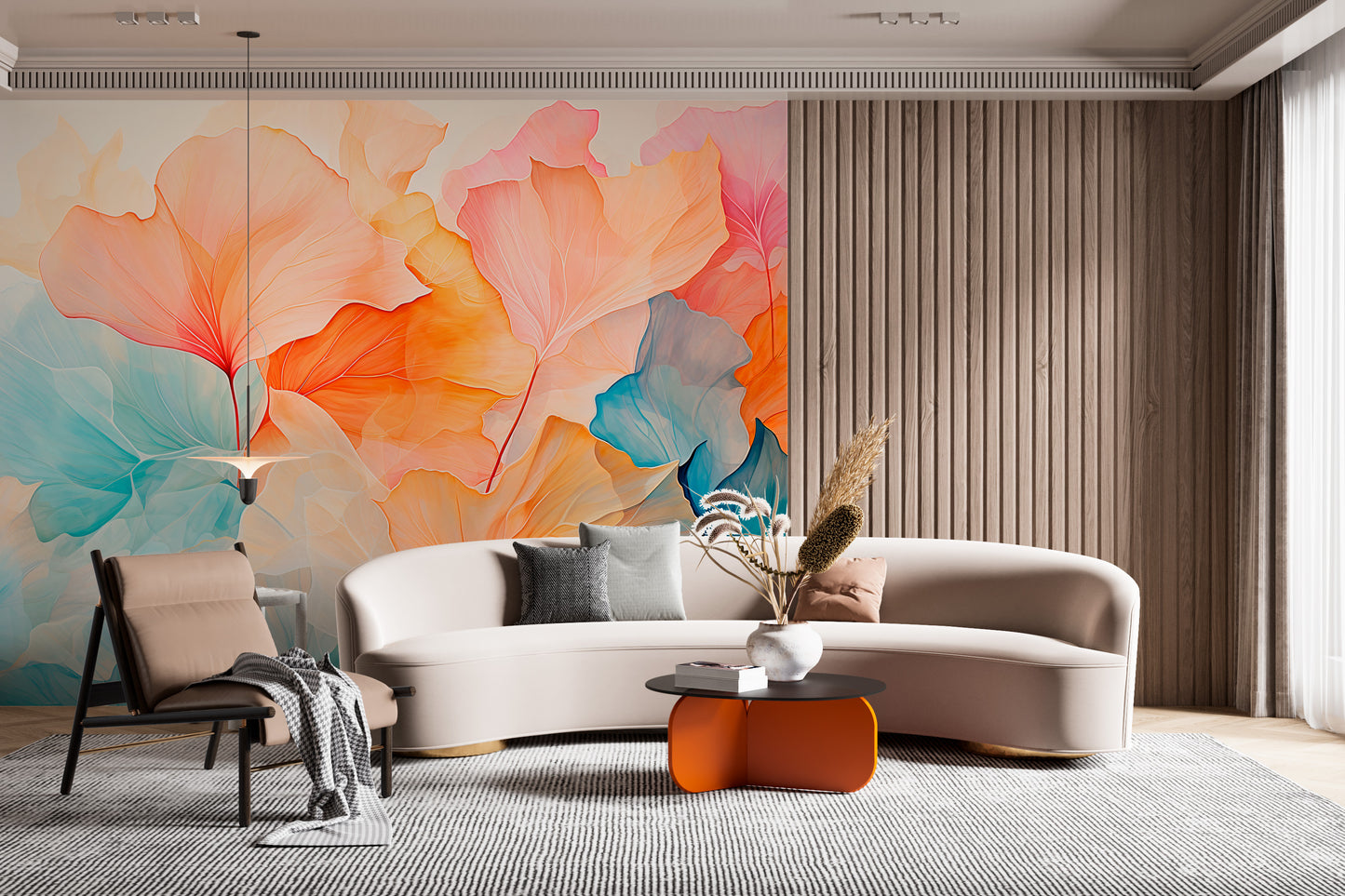 Peel-and-Stick Mural: Orange Floral and Shapes