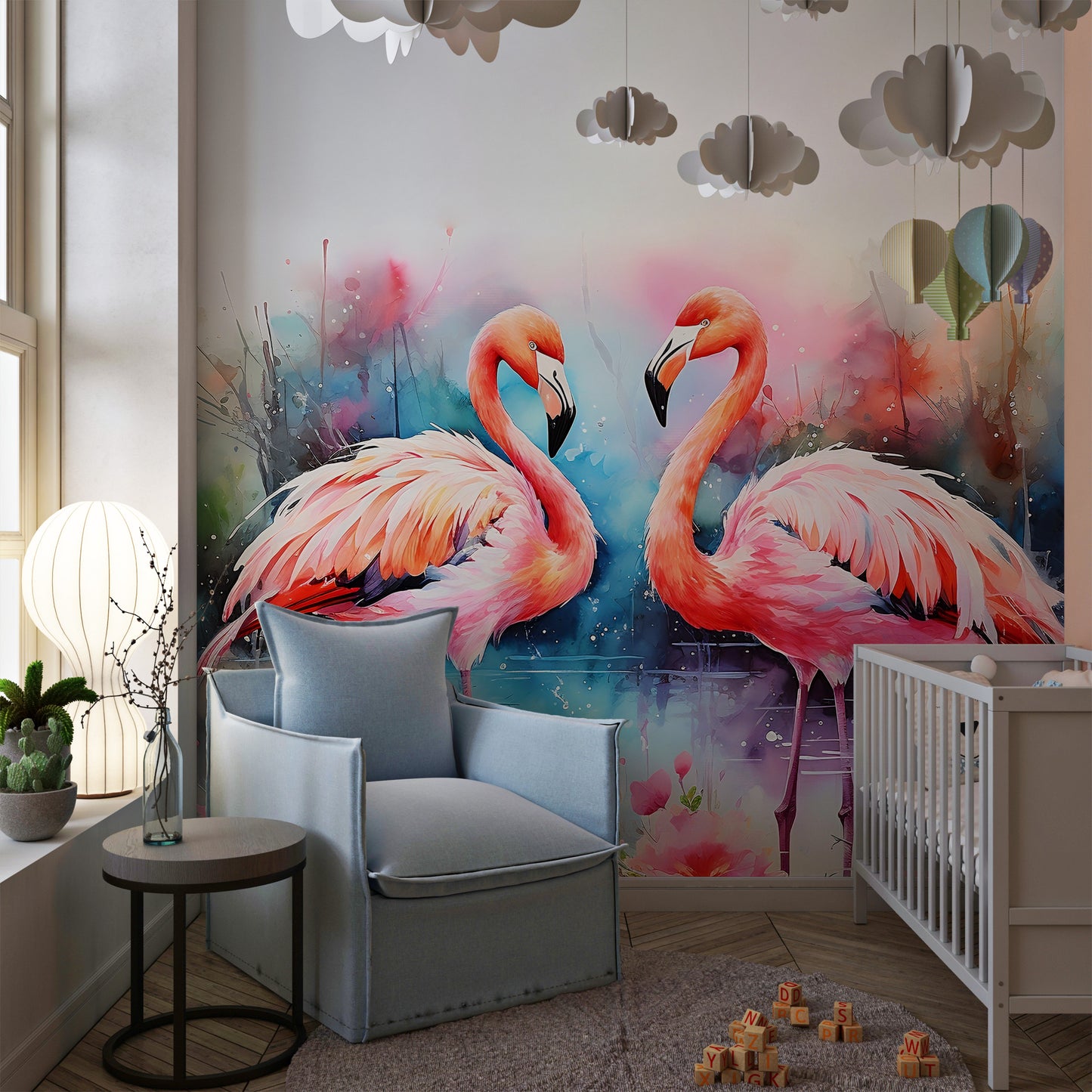 Eco-Friendly Temporary Mural with Vibrant Flamingo Designs