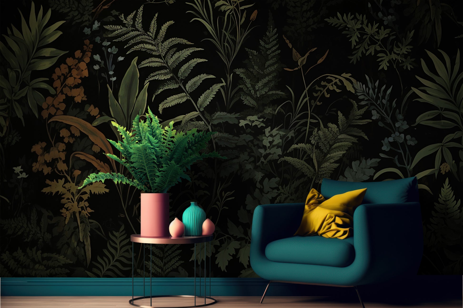 Vintage Dark Wall Covering - Elegant Fern Peel and Stick Mural