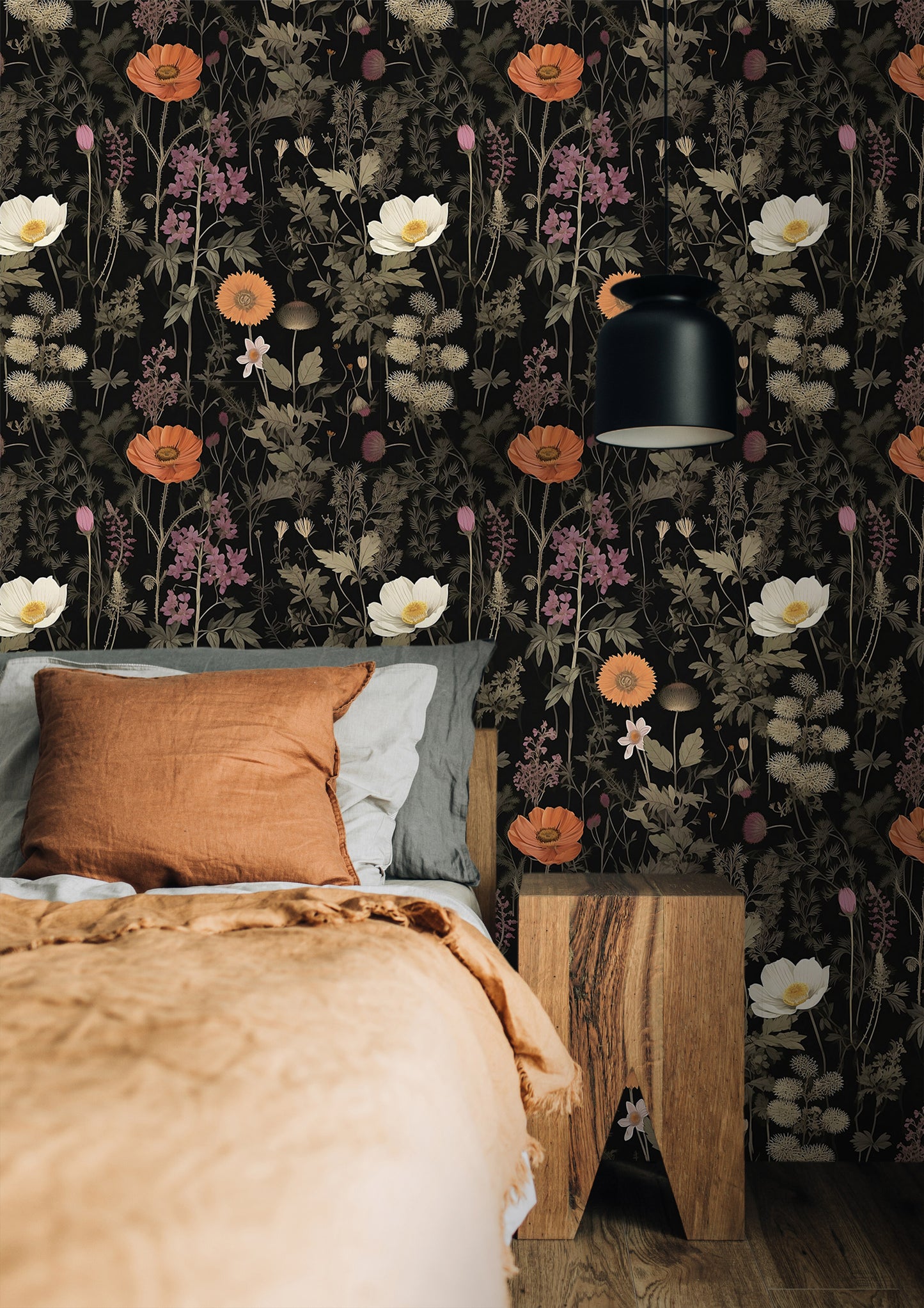 Dark Flower Peel and Stick Wallpaper - Nature-inspired Wall Art