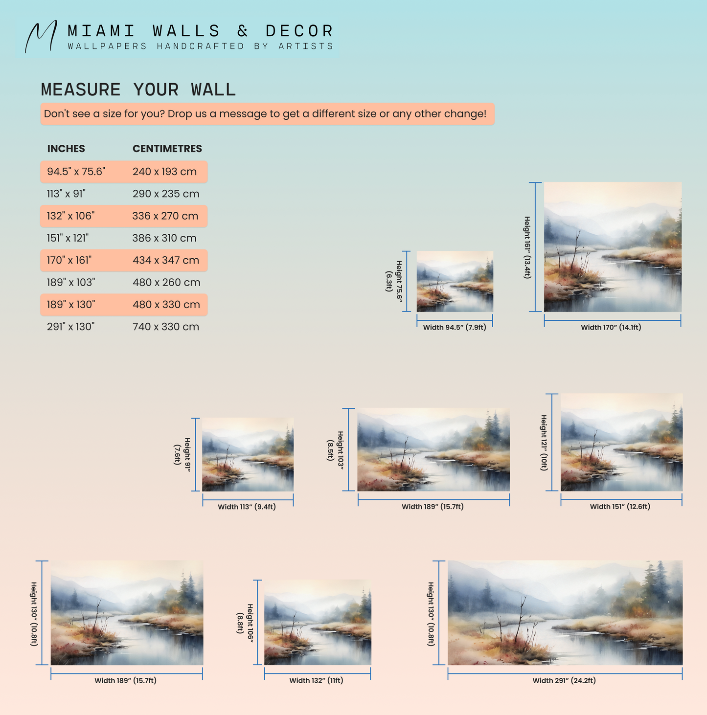 River Scenery Mural | Watercolor Forest Peel and Stick Mural | Watercolor Forest Wallpaper | Landscape Removable Mural | Foggy Forest Mural