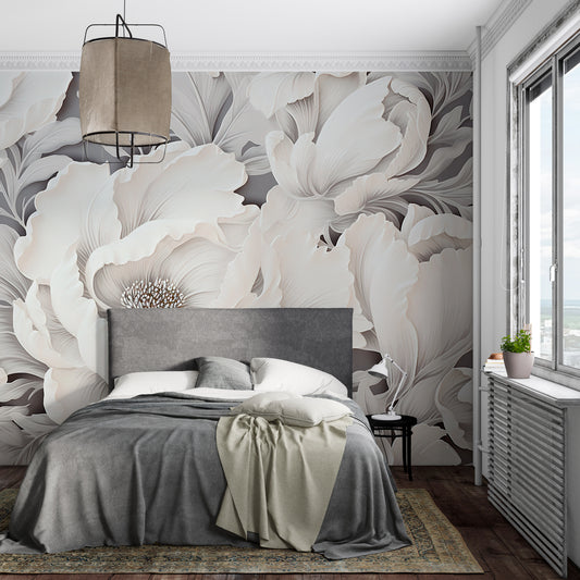 White Peony Wallpaper with Grey Background