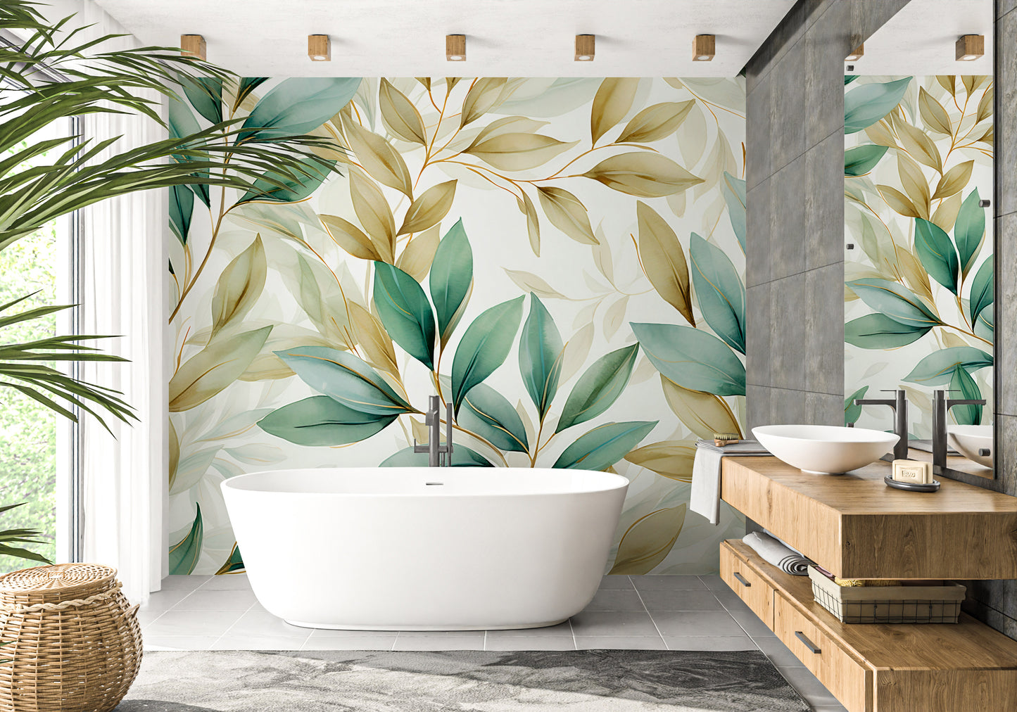 Green and Gold Leaves Peel and Stick Wallpaper
