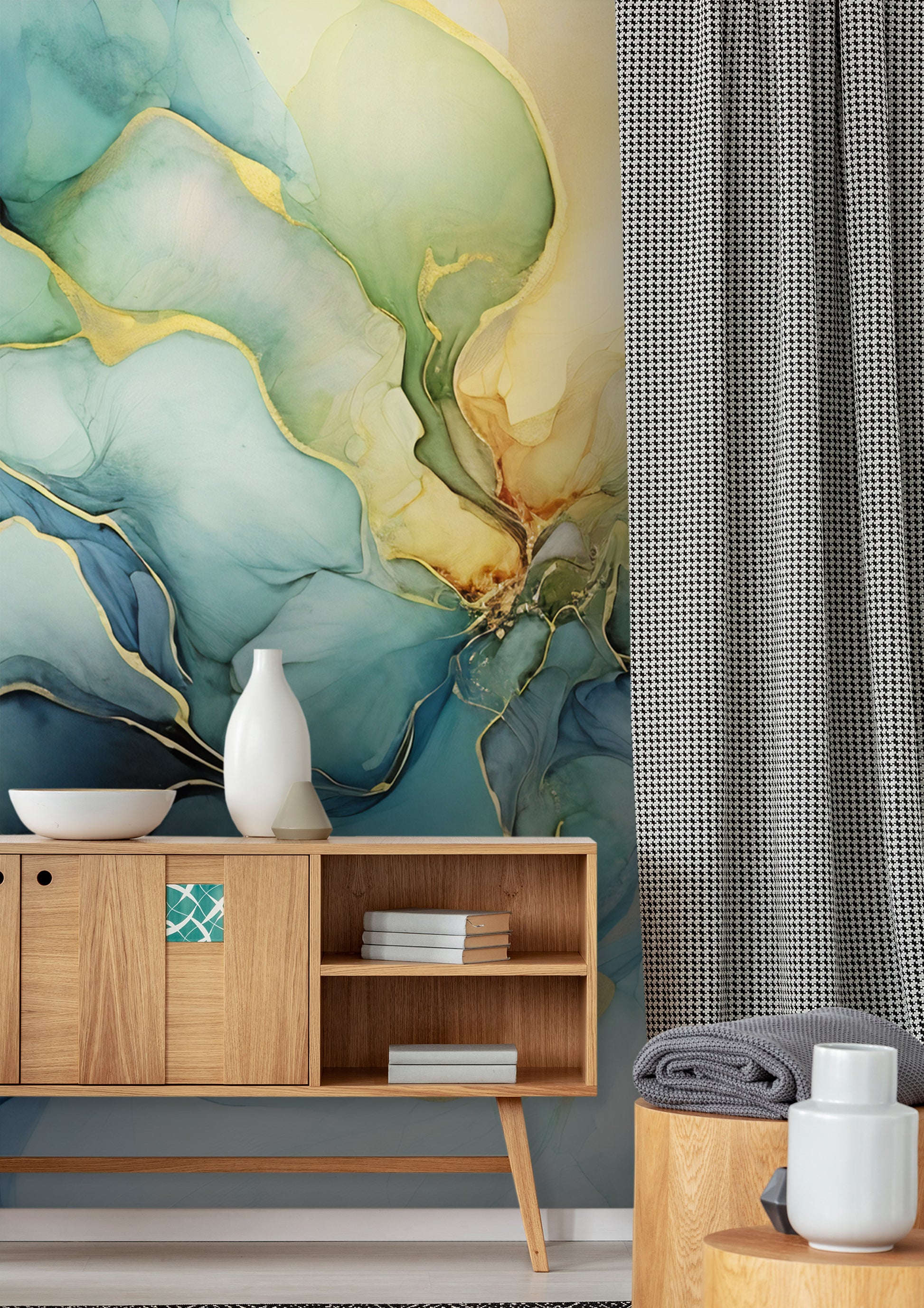 Vibrant Blue, Green, and Gold Wallpaper Mural