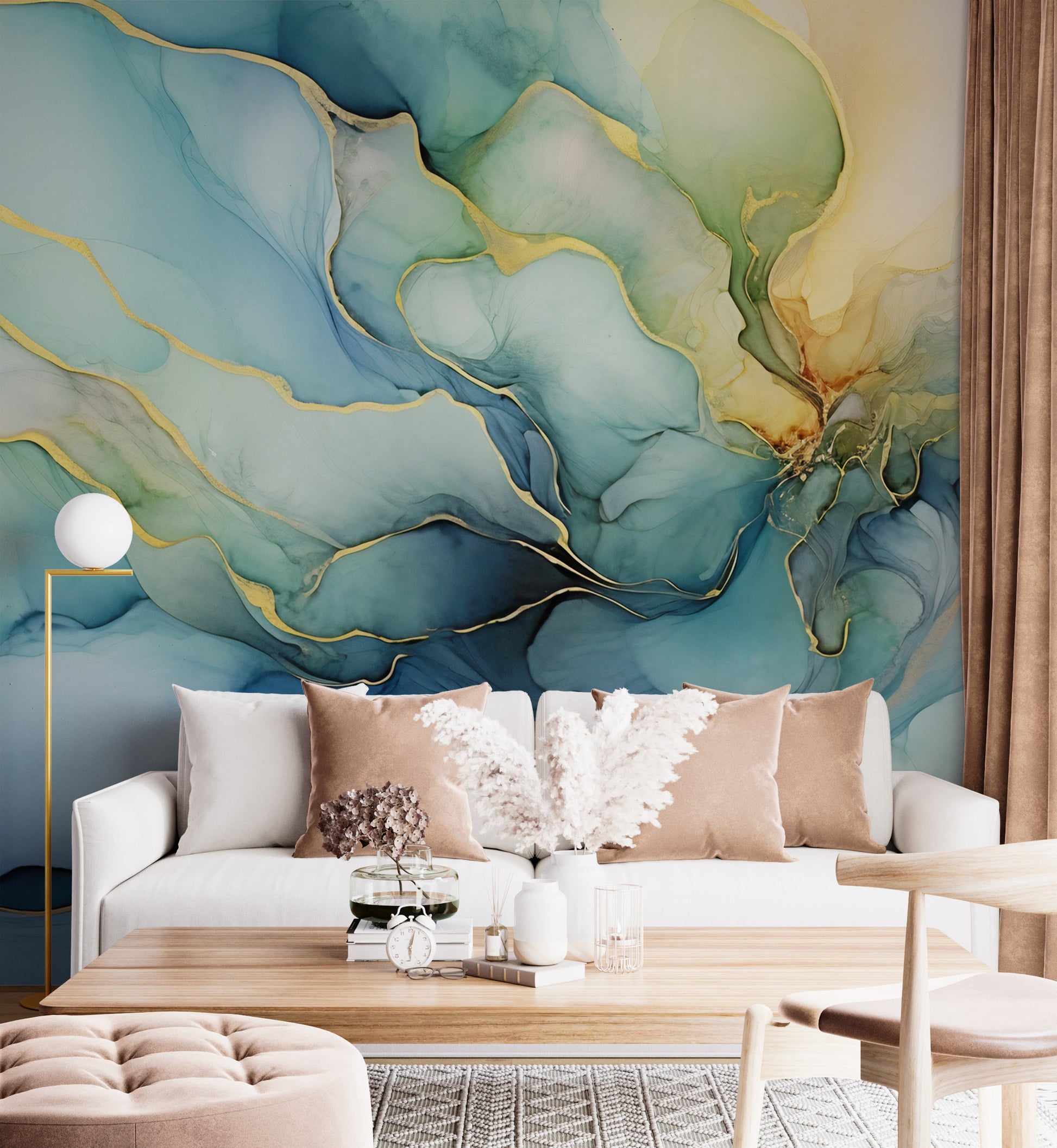 Alcohol Ink Art Wallpaper in Blue, Green, and Gold