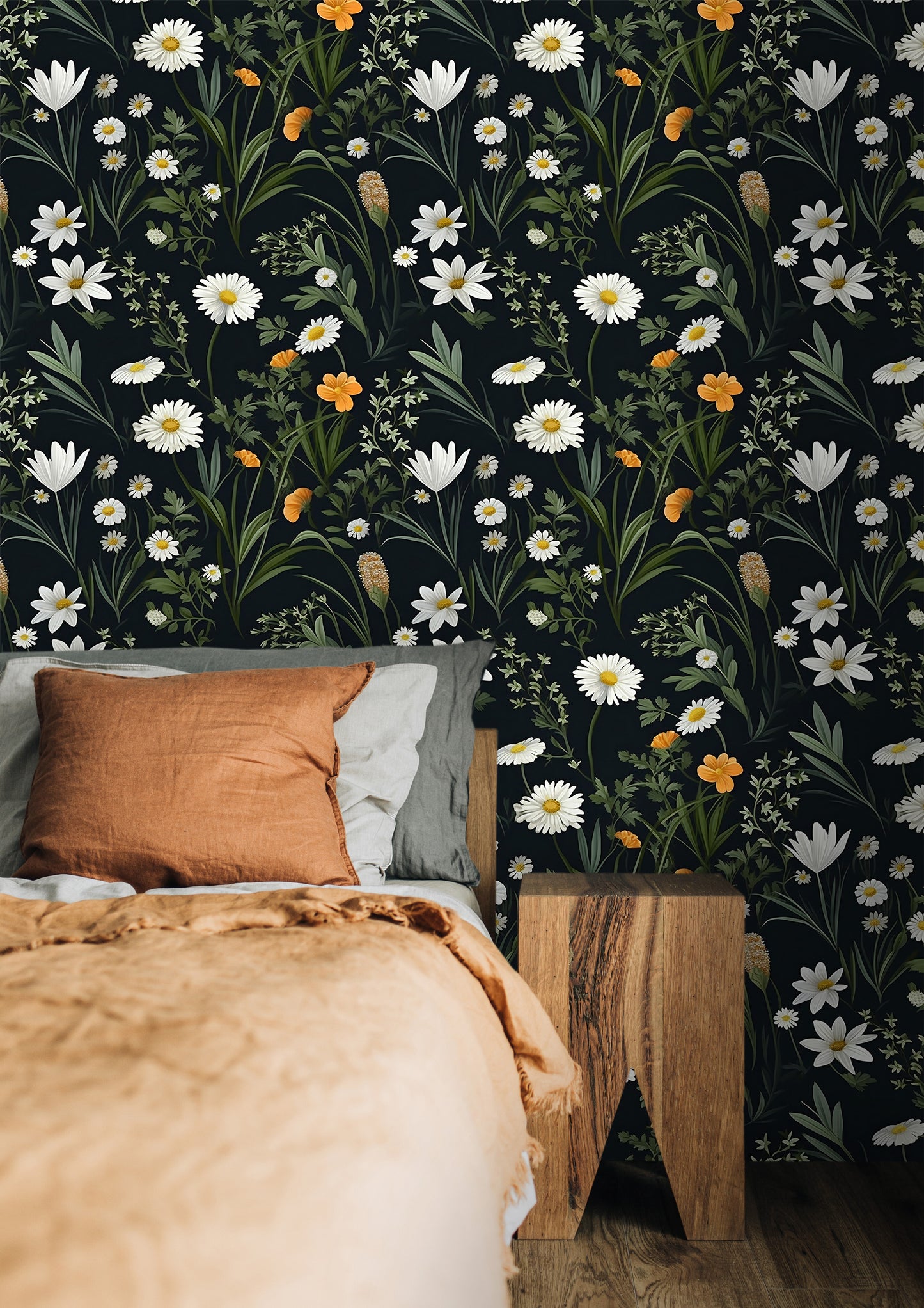 Dark Wildflower Wallpaper | Dark Floral Pattern Wallpaper | Dark Botanic Temporary Wallpaper | Dark Flower Peel and Stick Wallpaper