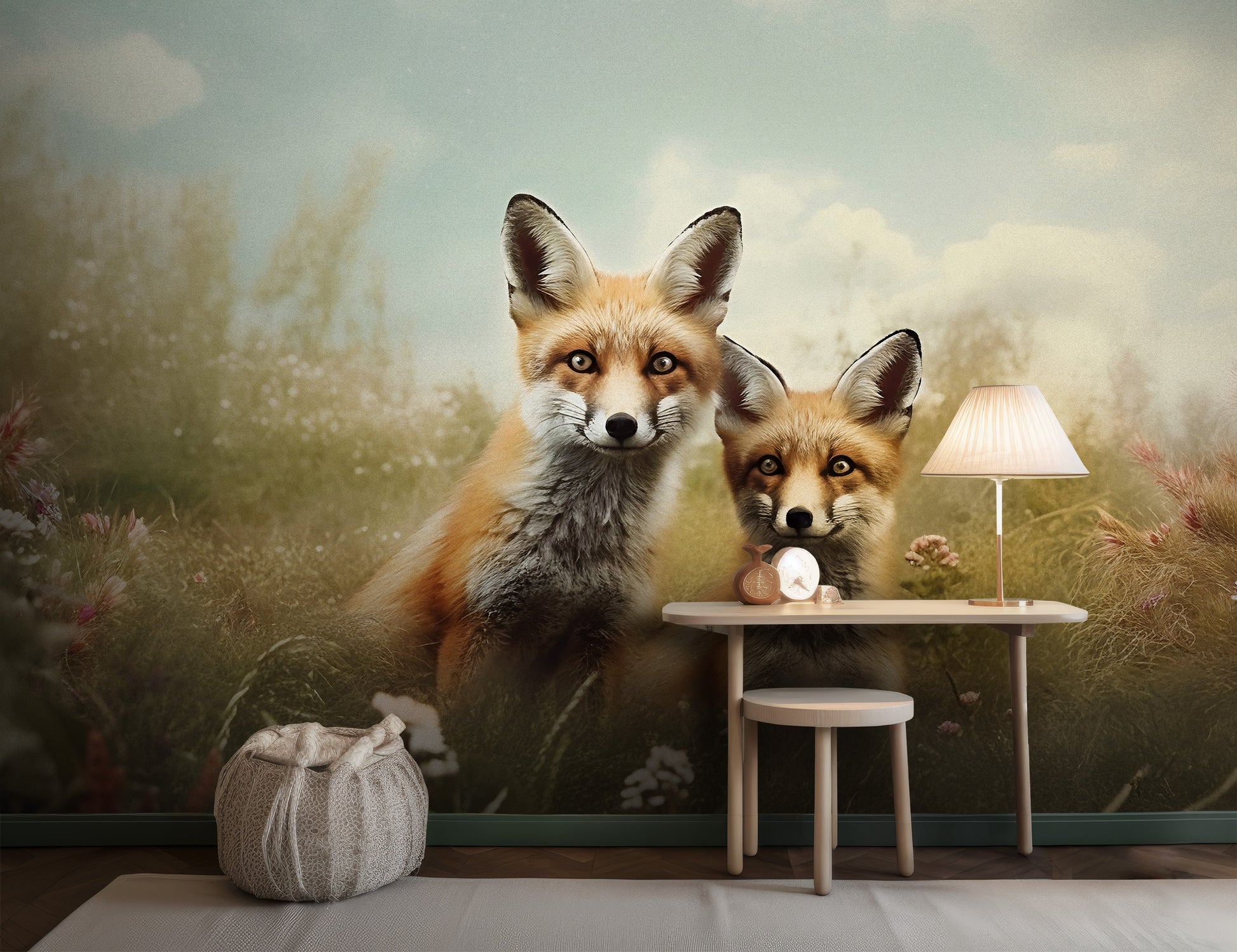 Peel and Stick Mural Nursery with Cute Foxes in Meadow
