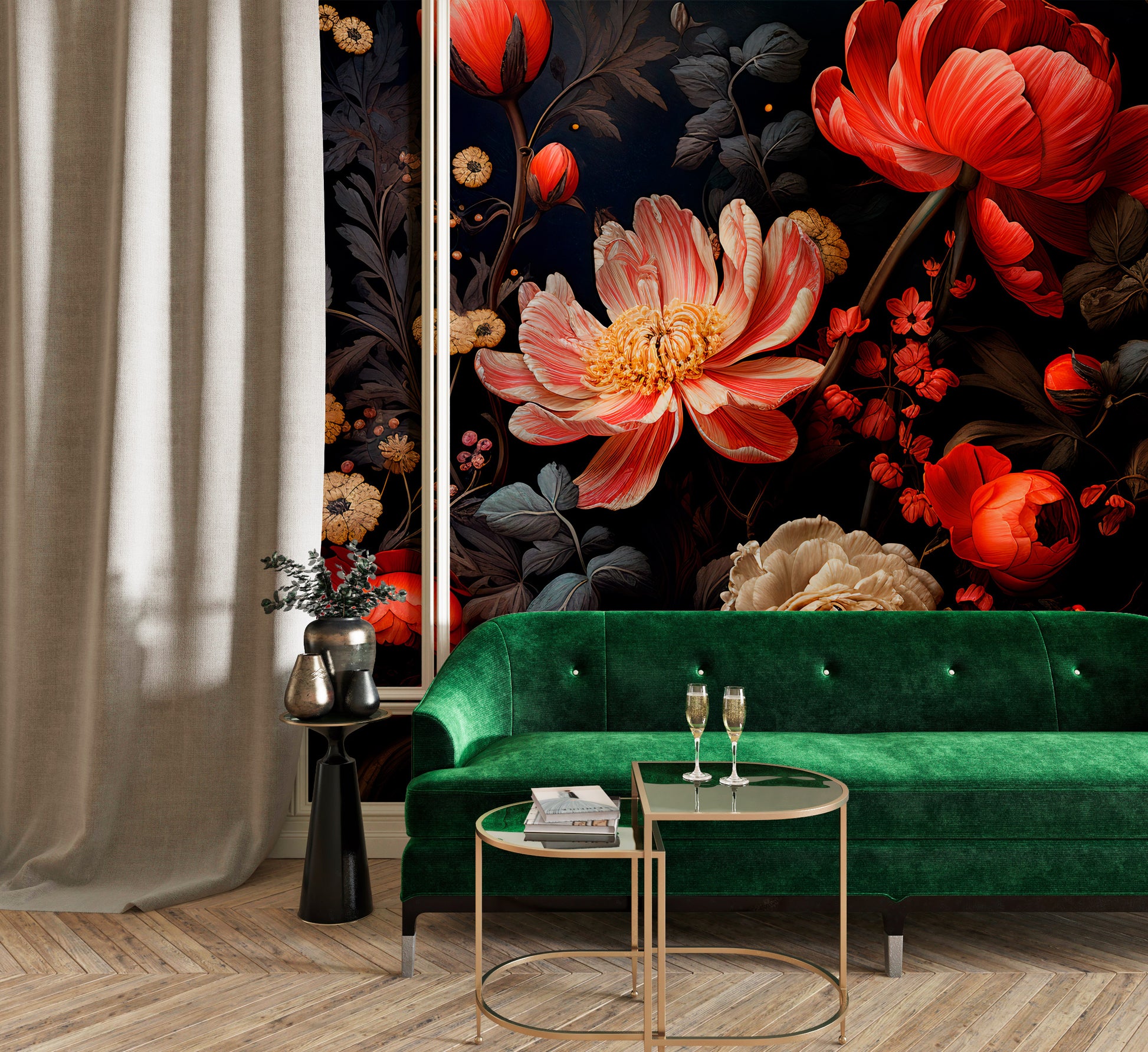 Dark Red Flowers Peel and Stick Mural