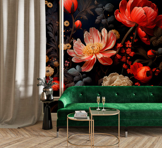Dark Red Flowers Peel and Stick Mural