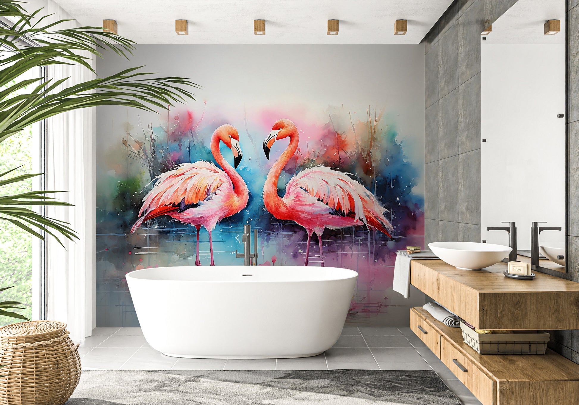 Tropical Eco Wallpaper with Captivating Flamingo Art