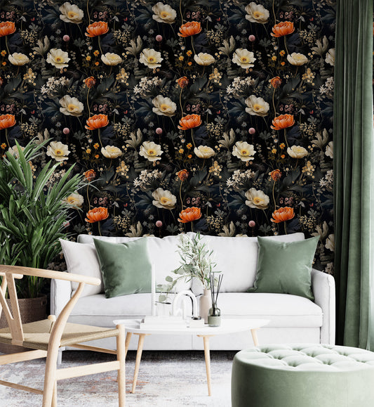 Black Botanical Peel and Stick Wallpaper