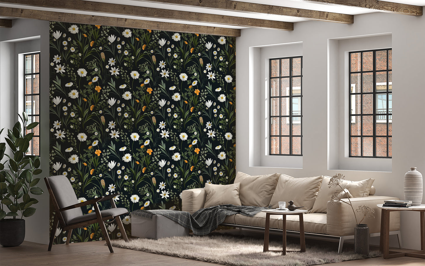Dark Wildflower Wallpaper | Dark Floral Pattern Wallpaper | Dark Botanic Temporary Wallpaper | Dark Flower Peel and Stick Wallpaper