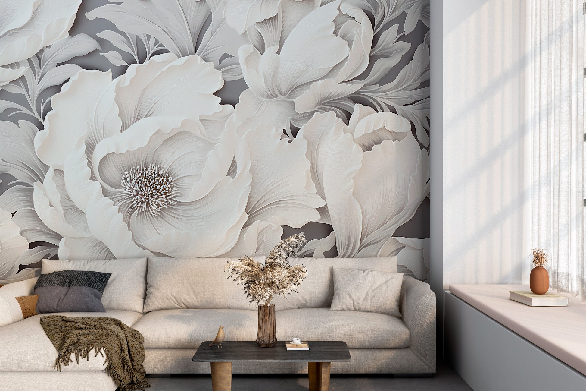 Graceful White Peonies Peel and Stick Wallpaper
