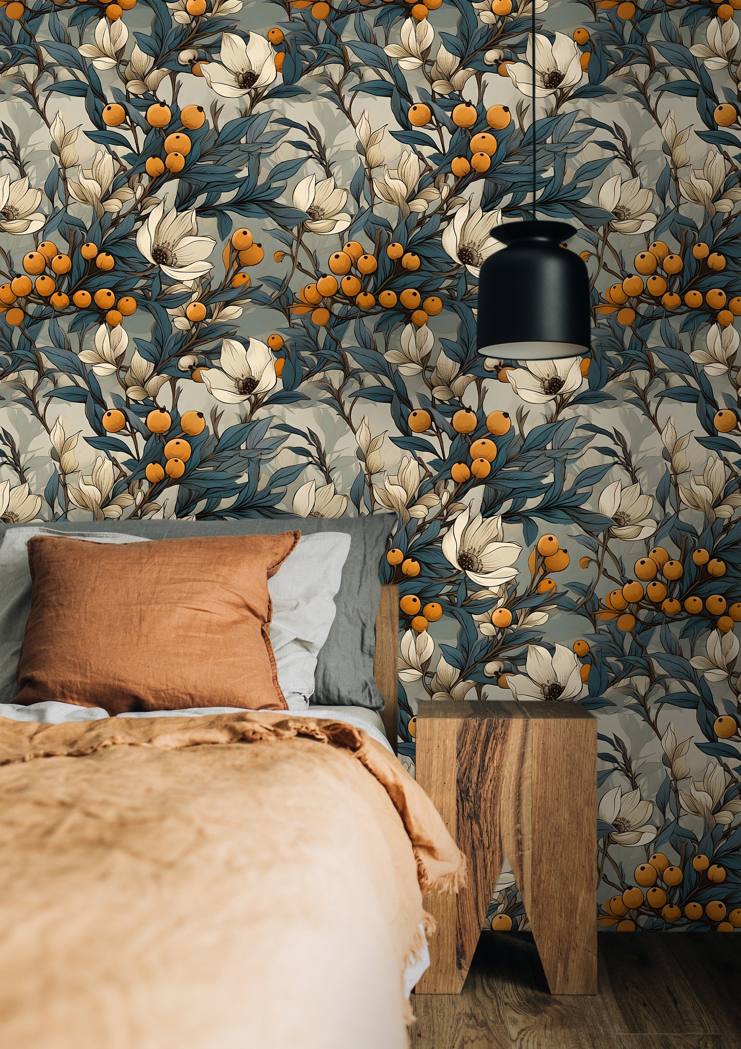 Sea Buckthorn and Floral Pattern Peel and Stick Wallpaper