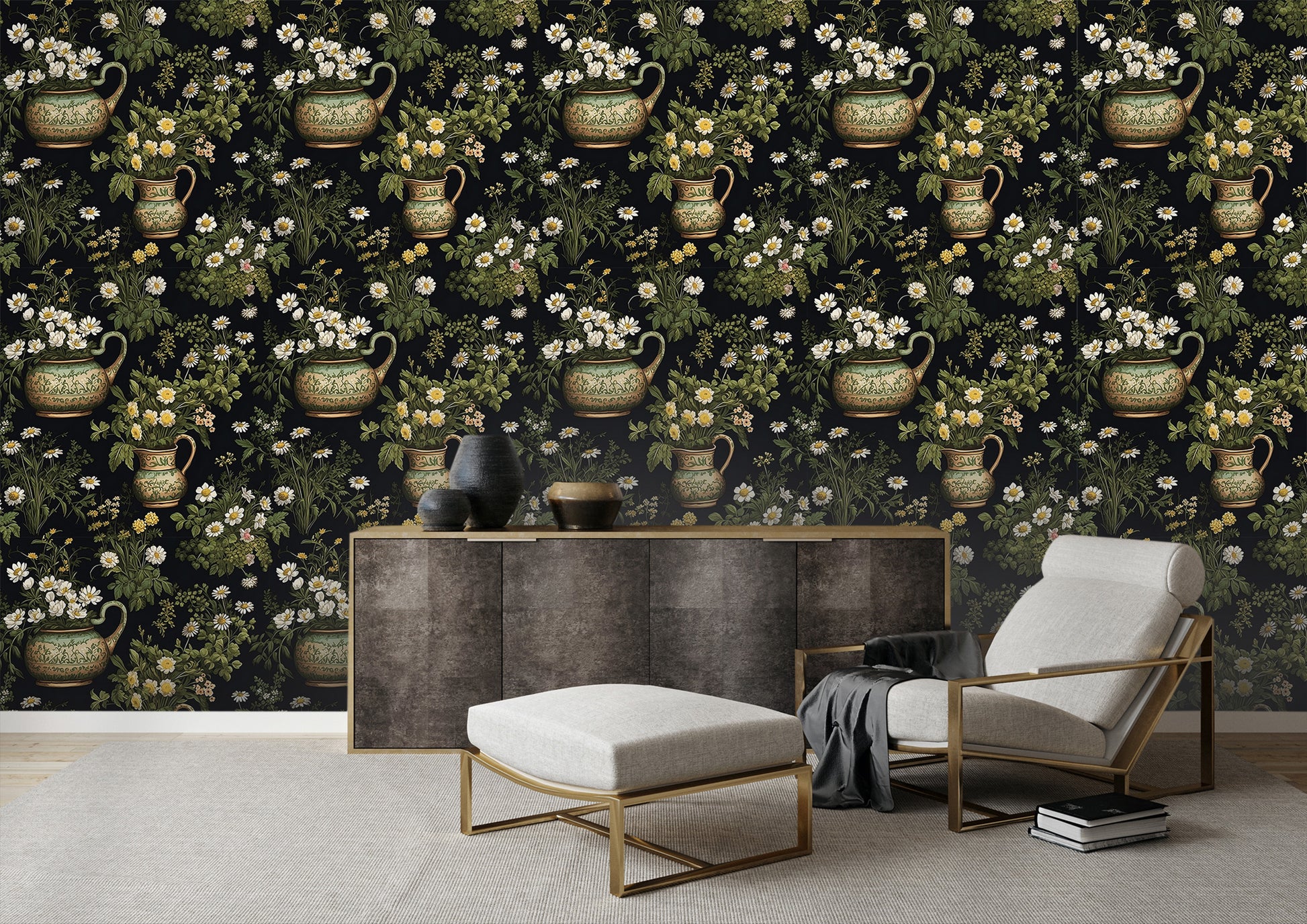 Dark Botanical Mural for Stylish and Artistic Room Enhancement