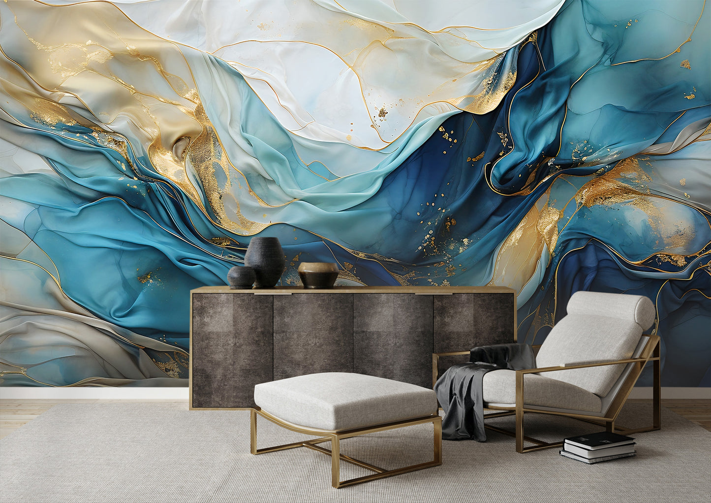 Fluid Art Blue and Gold Peel and Stick Mural - Living Room Decor