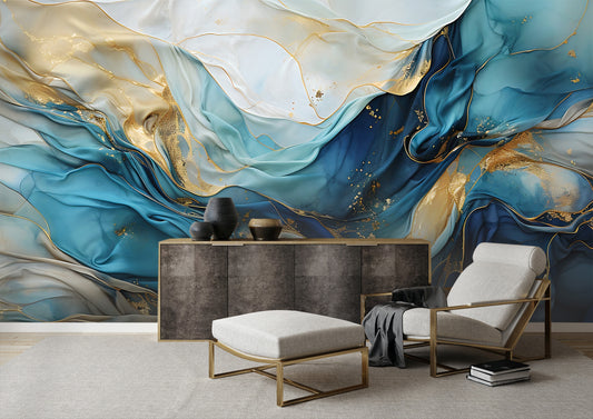 Fluid Art Blue and Gold Peel and Stick Mural - Living Room Decor