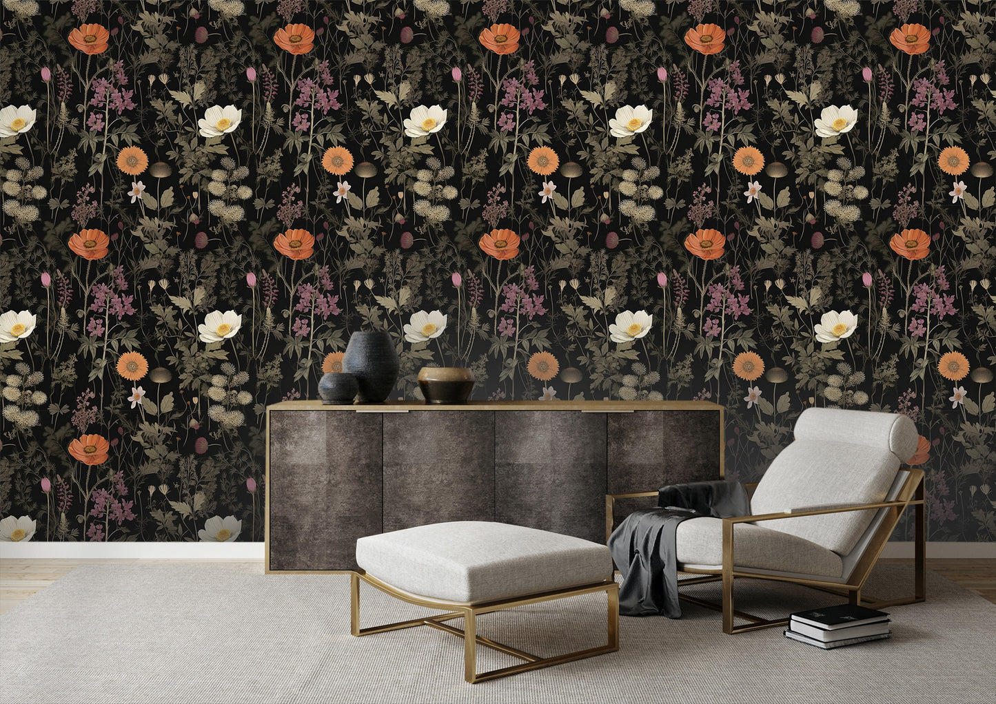 Dark Floral Peel and Stick Mural - Renter Friendly Design