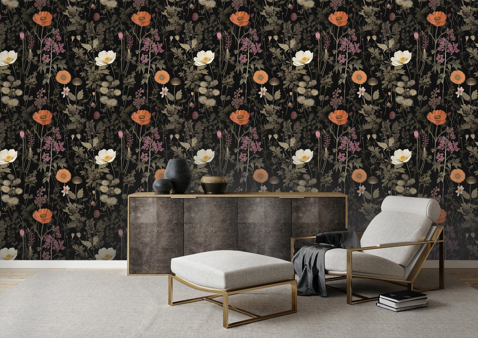 Dark Floral Peel and Stick Mural - Renter Friendly Design