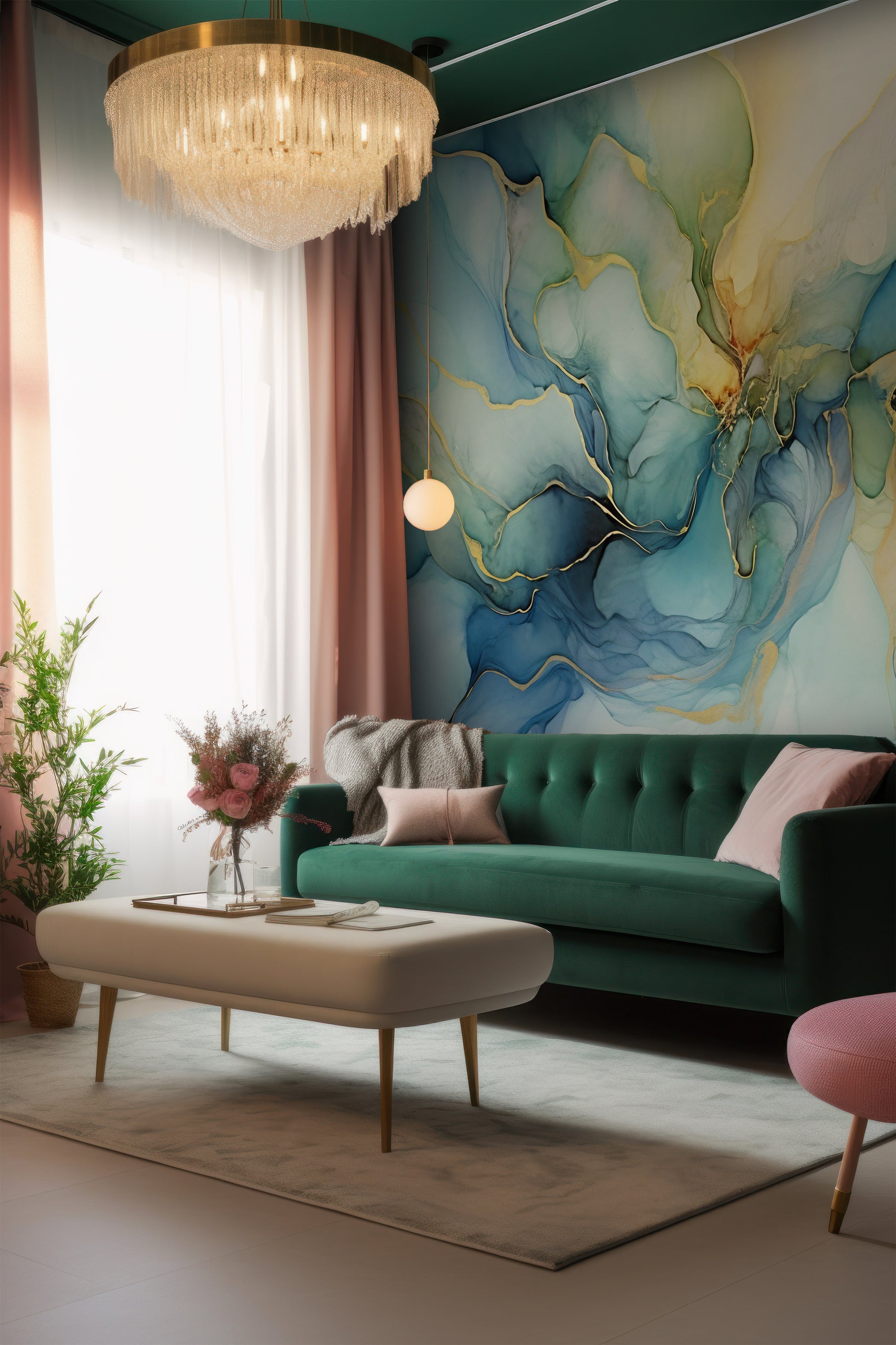 Unique Blue, Green, and Gold Patterned Mural