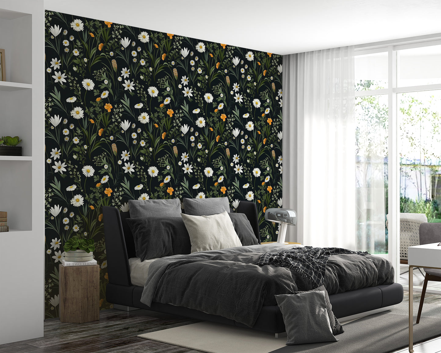 Dark Wildflower Wallpaper | Dark Floral Pattern Wallpaper | Dark Botanic Temporary Wallpaper | Dark Flower Peel and Stick Wallpaper