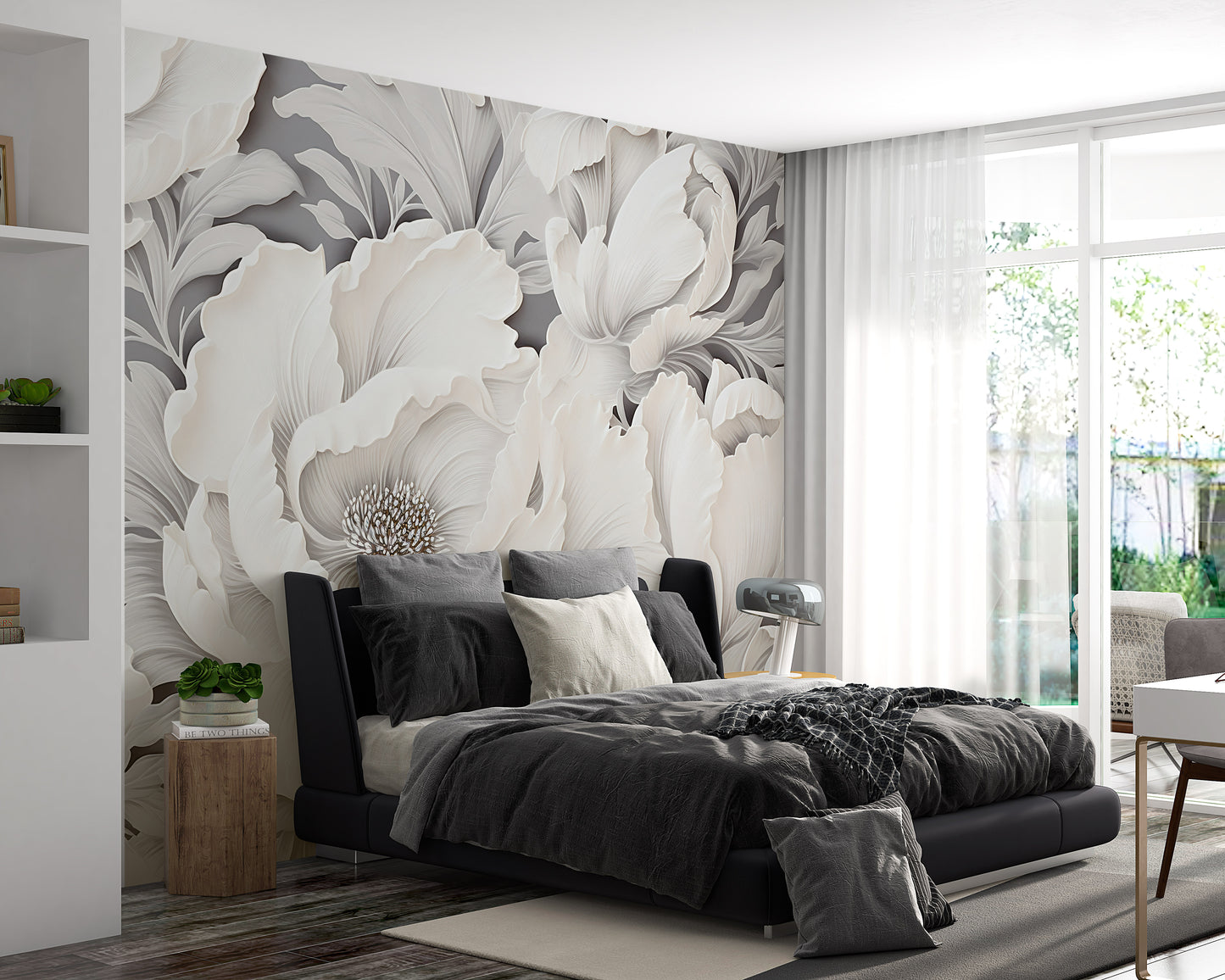 Delicate Peony Blooms on Grey Wall