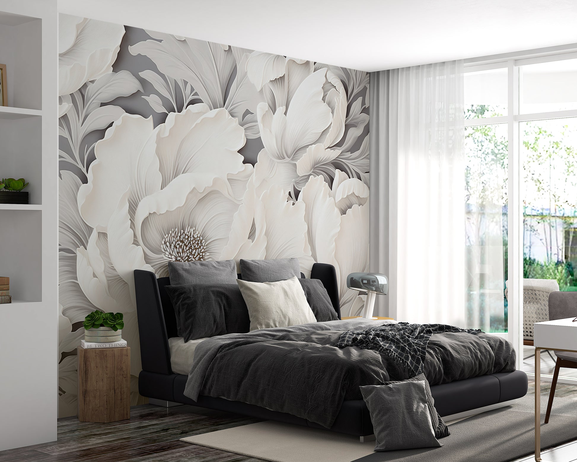 Delicate Peony Blooms on Grey Wall