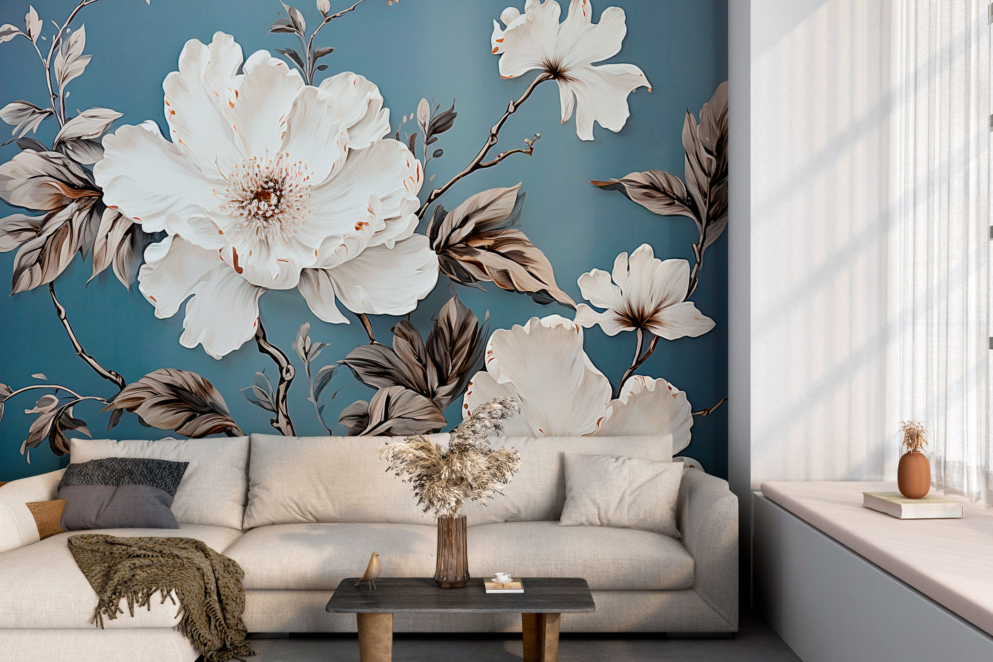 White On Blue Flowers Peel and Stick Wallpaper