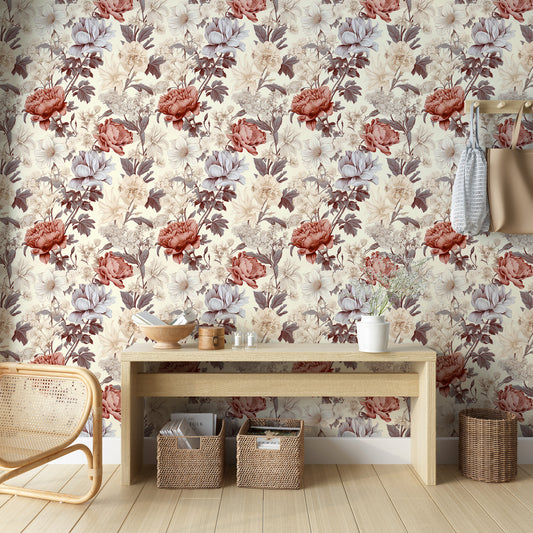 Vintage Beige Flowers Peel and Stick Wallpaper