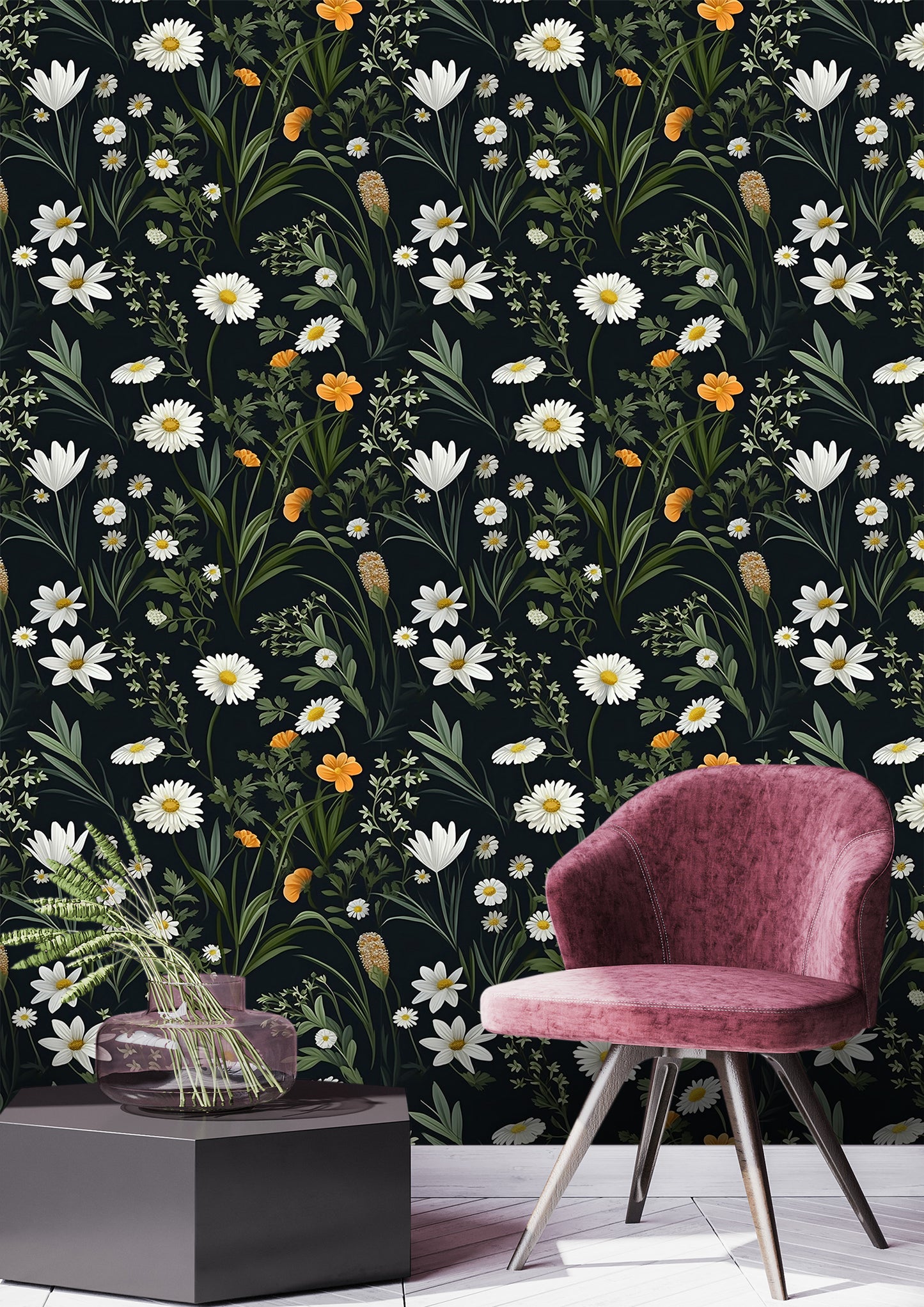 Dark Wildflower Wallpaper | Dark Floral Pattern Wallpaper | Dark Botanic Temporary Wallpaper | Dark Flower Peel and Stick Wallpaper