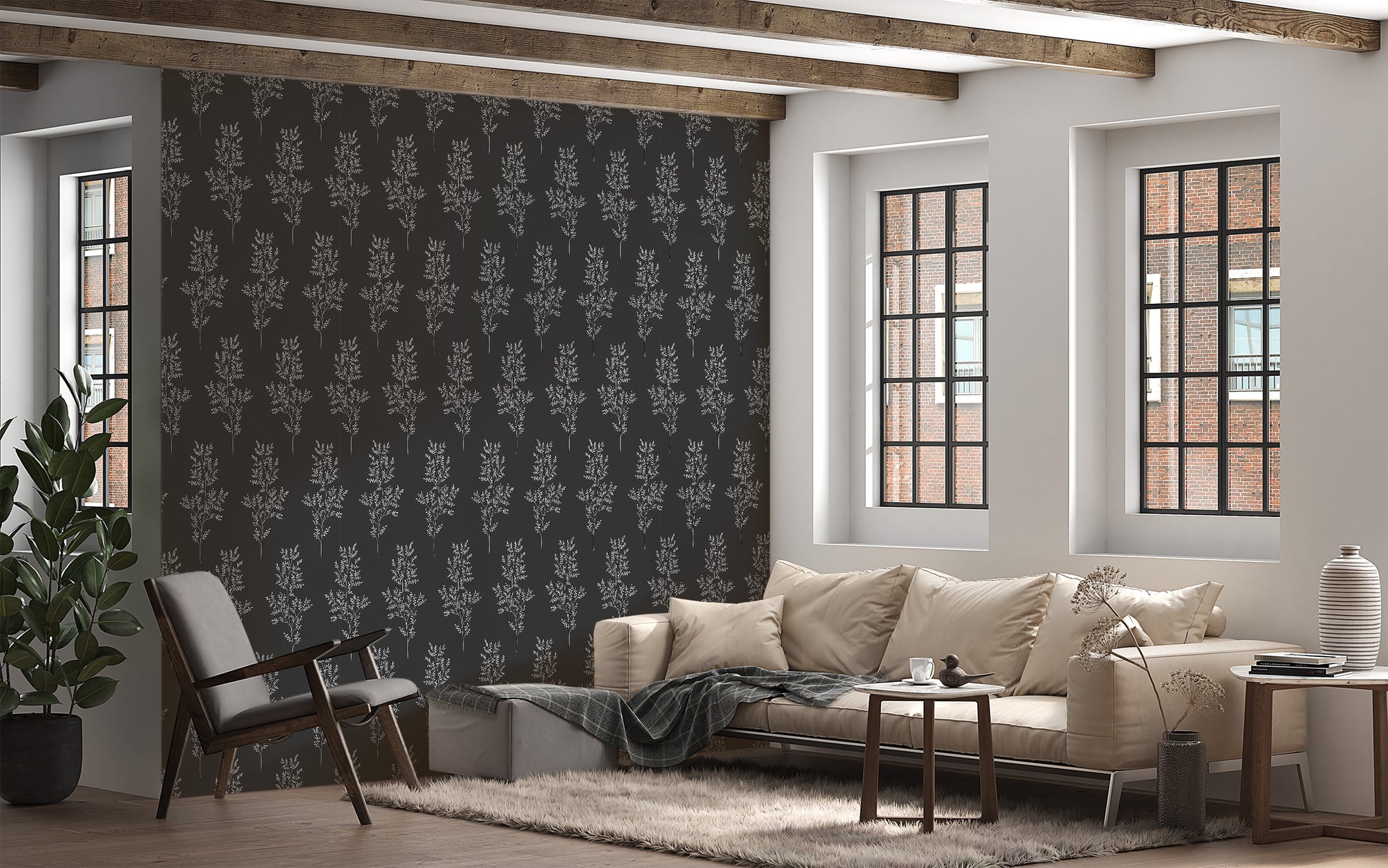 Removable botanical pattern wallpaper in black