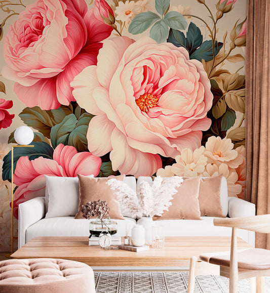 Pink Rose Mural Vintage Floral Peel and Stick Wallpaper