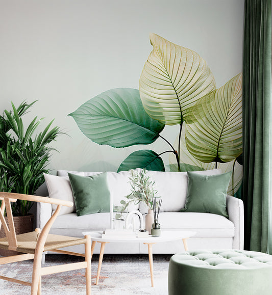 Green and Gold Leaves Peel and Stick Wallpaper in Living Room