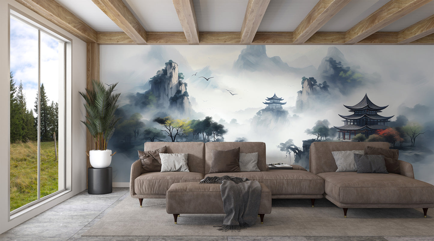 Serene Foggy Mountain Wall Decal