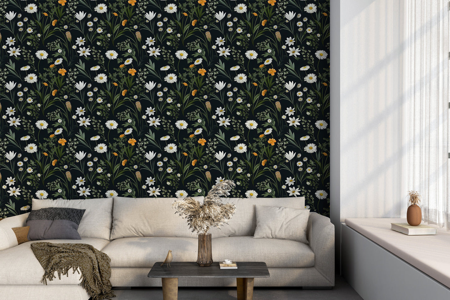 Dark Wildflower Wallpaper | Dark Floral Pattern Wallpaper | Dark Botanic Temporary Wallpaper | Dark Flower Peel and Stick Wallpaper