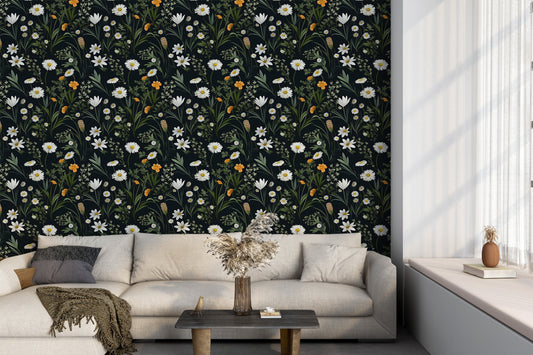 Dark Wildflower Wallpaper | Dark Floral Pattern Wallpaper | Dark Botanic Temporary Wallpaper | Dark Flower Peel and Stick Wallpaper