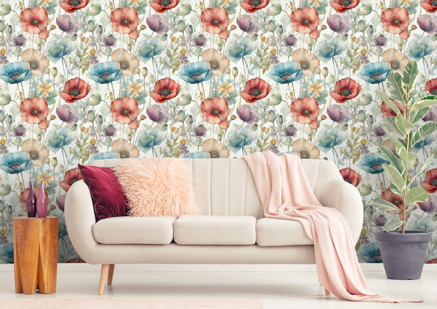Poppy Flowers Wallpaper | Poppies Flowers Watercolor by Miami Walls and Decor | Peel & Stick Wallpaper, Removable and Renter Friendly