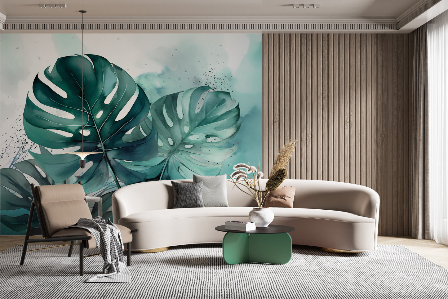 Green Monstera Leaf Peel and Stick Wallpaper | Tropical Watercolor Design by Miami Walls and Decor | Removable, Eco and Renter Friendly