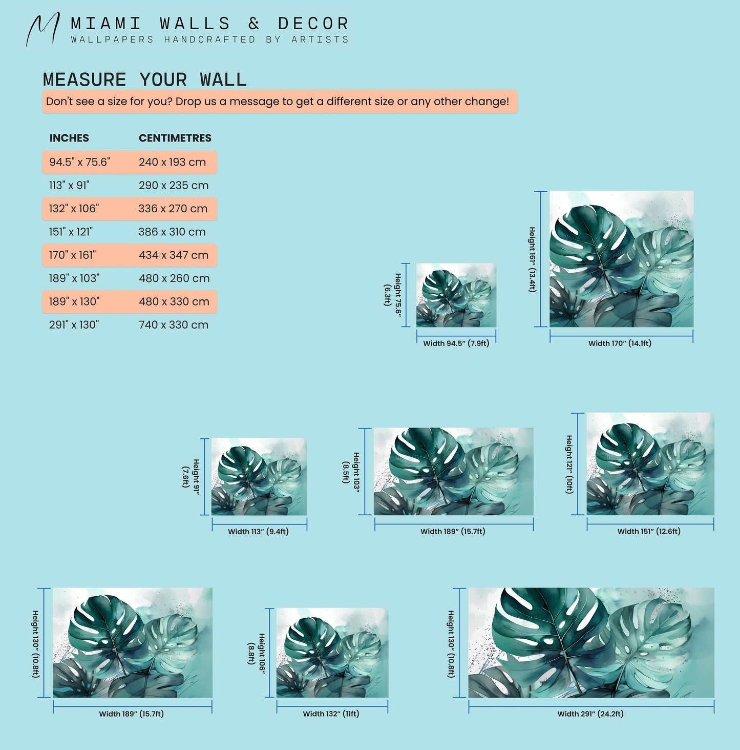 Green Monstera Leaf Peel and Stick Wallpaper | Tropical Watercolor Design by Miami Walls and Decor | Removable, Eco and Renter Friendly