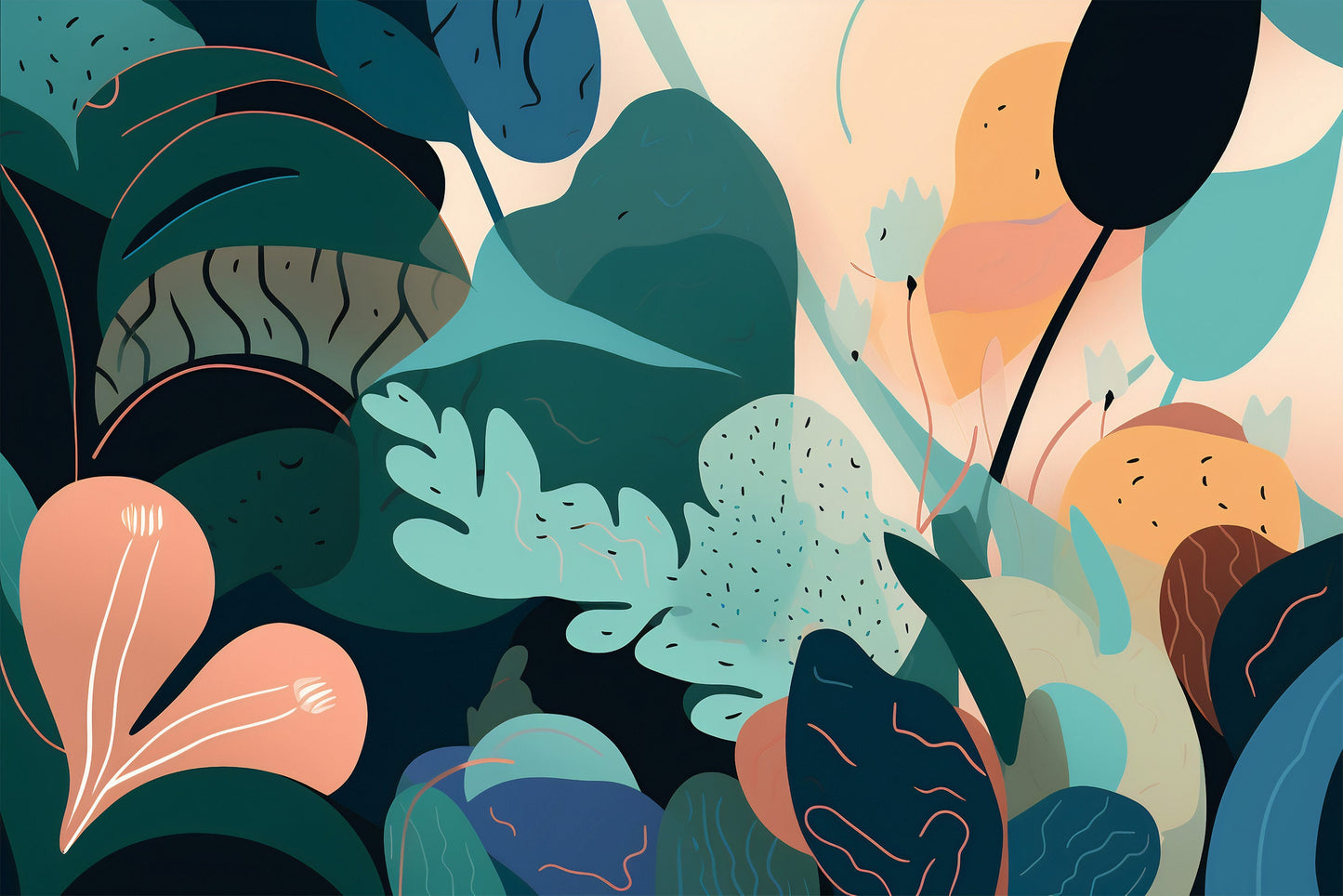 Abstract Wallpaper Mural with Delicate Matisse-Inspired Shapes. Easy-to-Apply Peel and Stick.