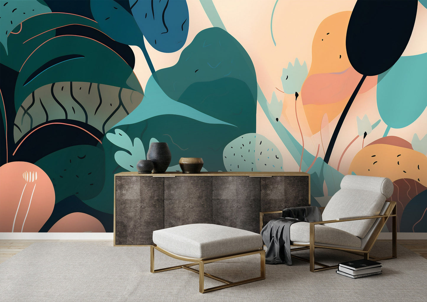 Abstract Wallpaper Mural with Delicate Matisse-Inspired Shapes. Easy-to-Apply Peel and Stick.