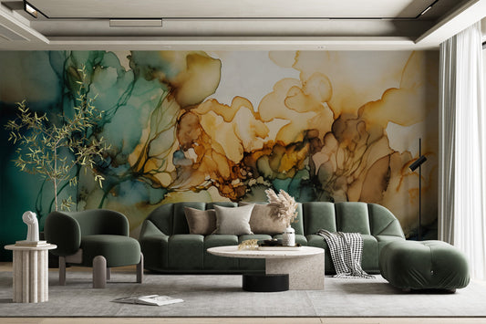 Watercolor Abstract Wallpaper | Alcohol Ink Art | Blue, Gold and Green Pattern, Peel & Stick Wallpaper, Removable and Renter Friendly