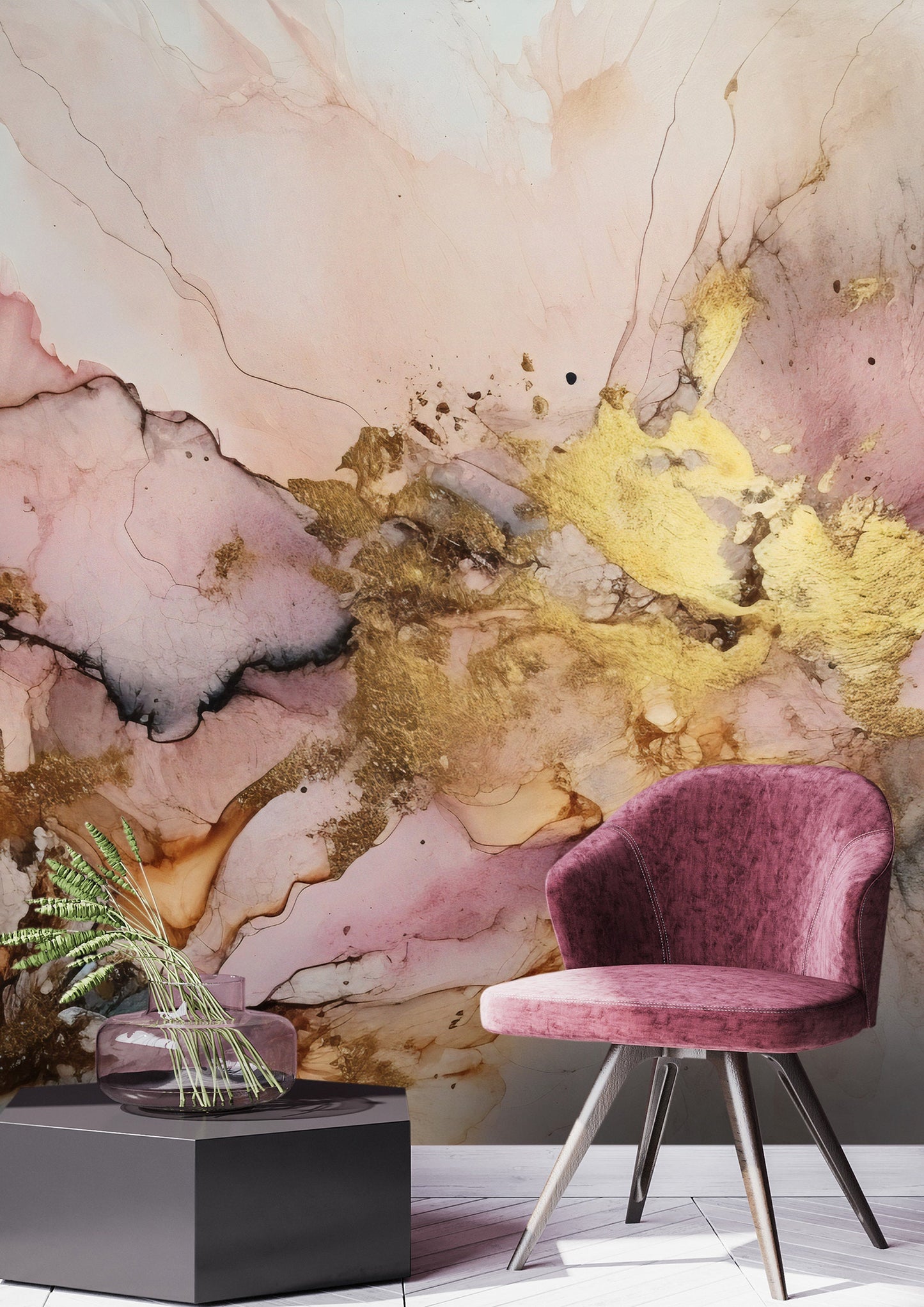 Alcohol Ink Painting Wallpaper | Abstract Watercolor Mural | Pink and Gold Marble, Peel & Stick Wallpaper, Removable Wallpaper Mural