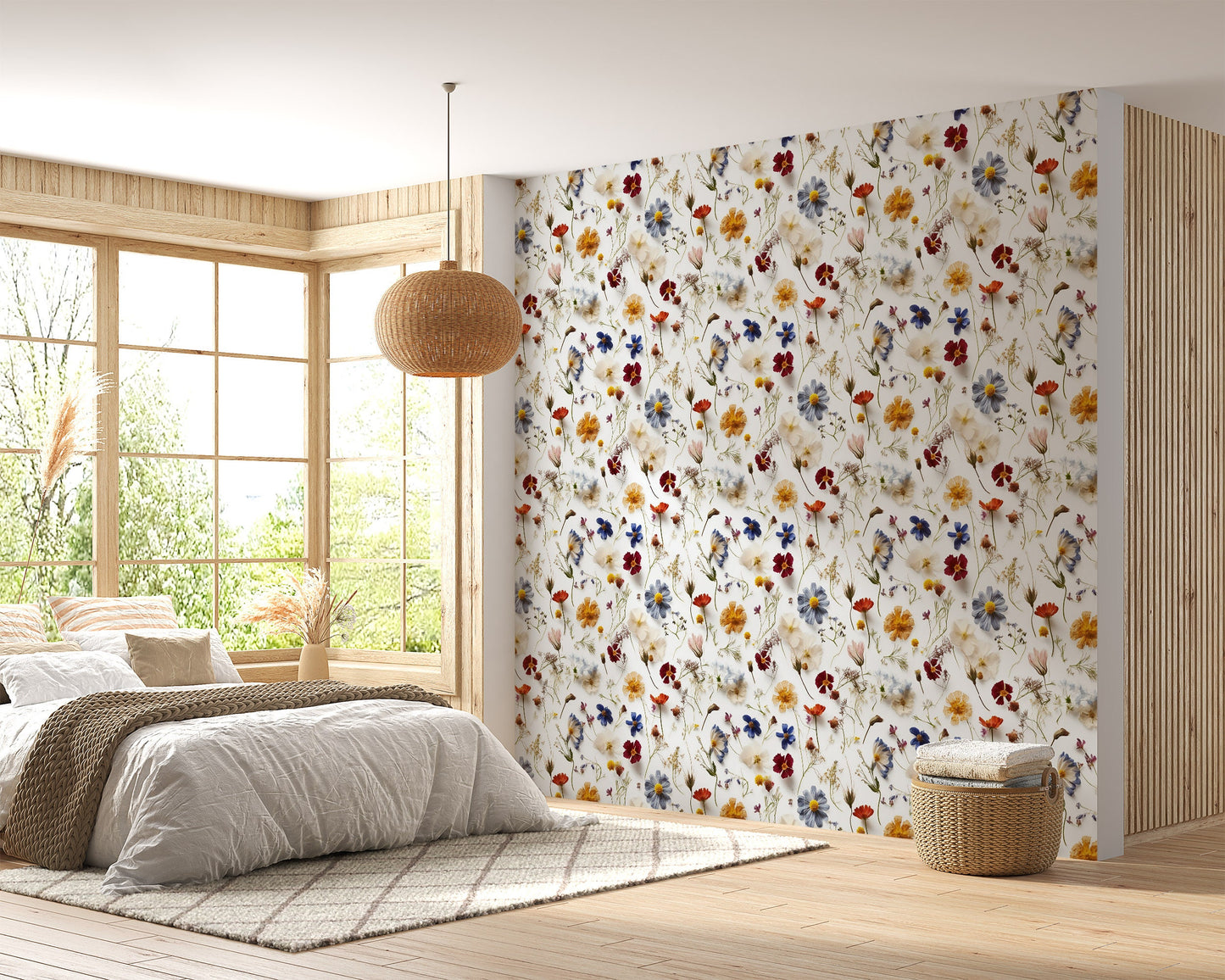 Pressed Floral Wallpaper | White Floral Removable Wallpaper | Botanic Flower Wallpaper | Peel and Stick Wildflower Wallpaper, Self Adhesive