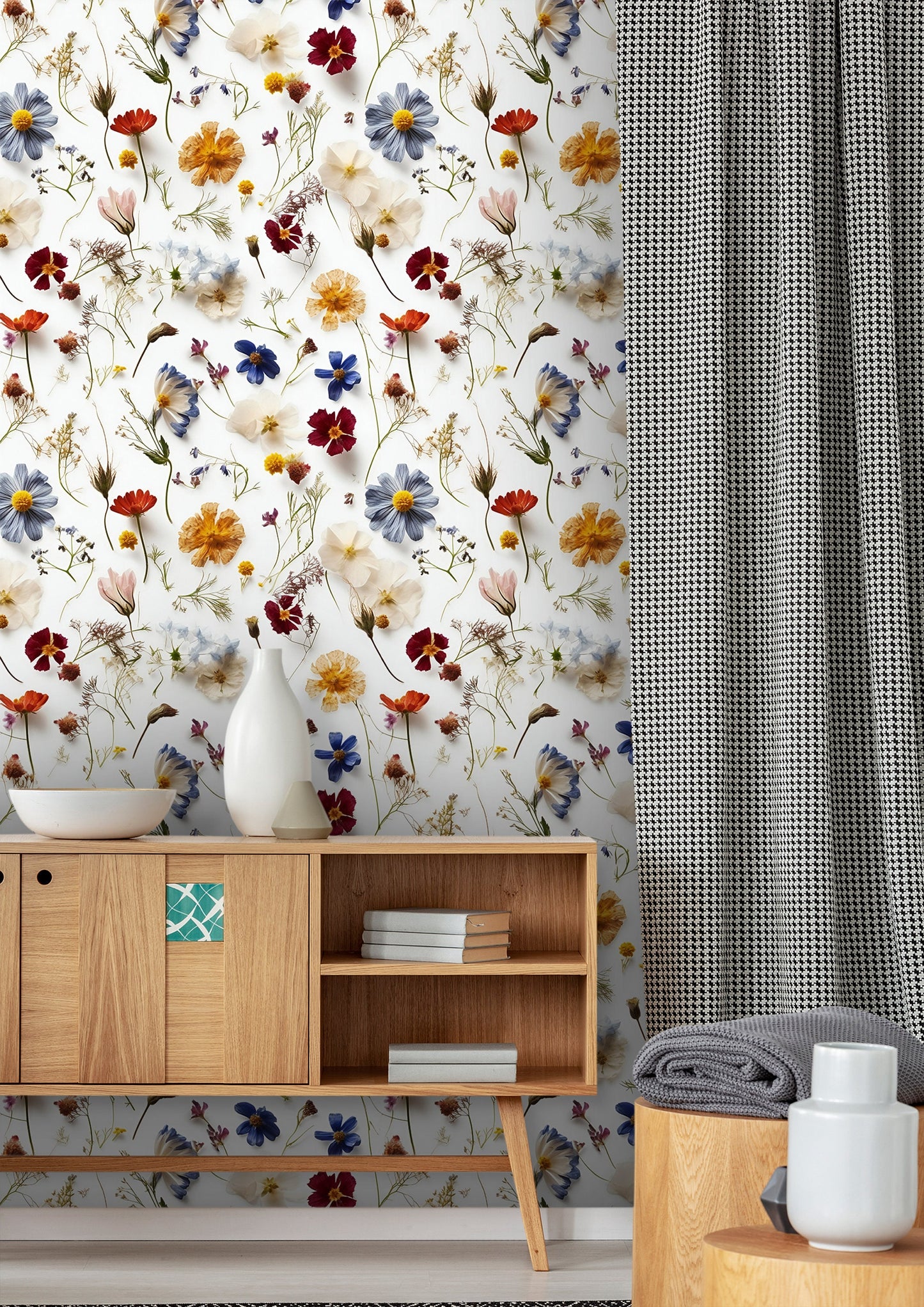 Pressed Floral Wallpaper | White Floral Removable Wallpaper | Botanic Flower Wallpaper | Peel and Stick Wildflower Wallpaper, Self Adhesive