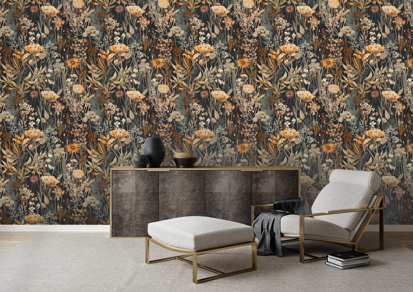 Dark Botanical Wallpaper | Removable Dark Floral Pattern Wallpaper | Botanical Pattern Wallpaper | Peel & Stick Botanical Wallpaper