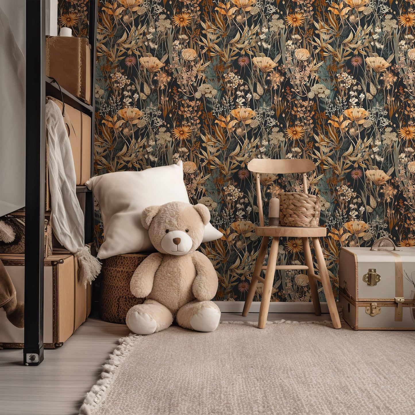 Dark Botanical Wallpaper | Removable Dark Floral Pattern Wallpaper | Botanical Pattern Wallpaper | Peel & Stick Botanical Wallpaper