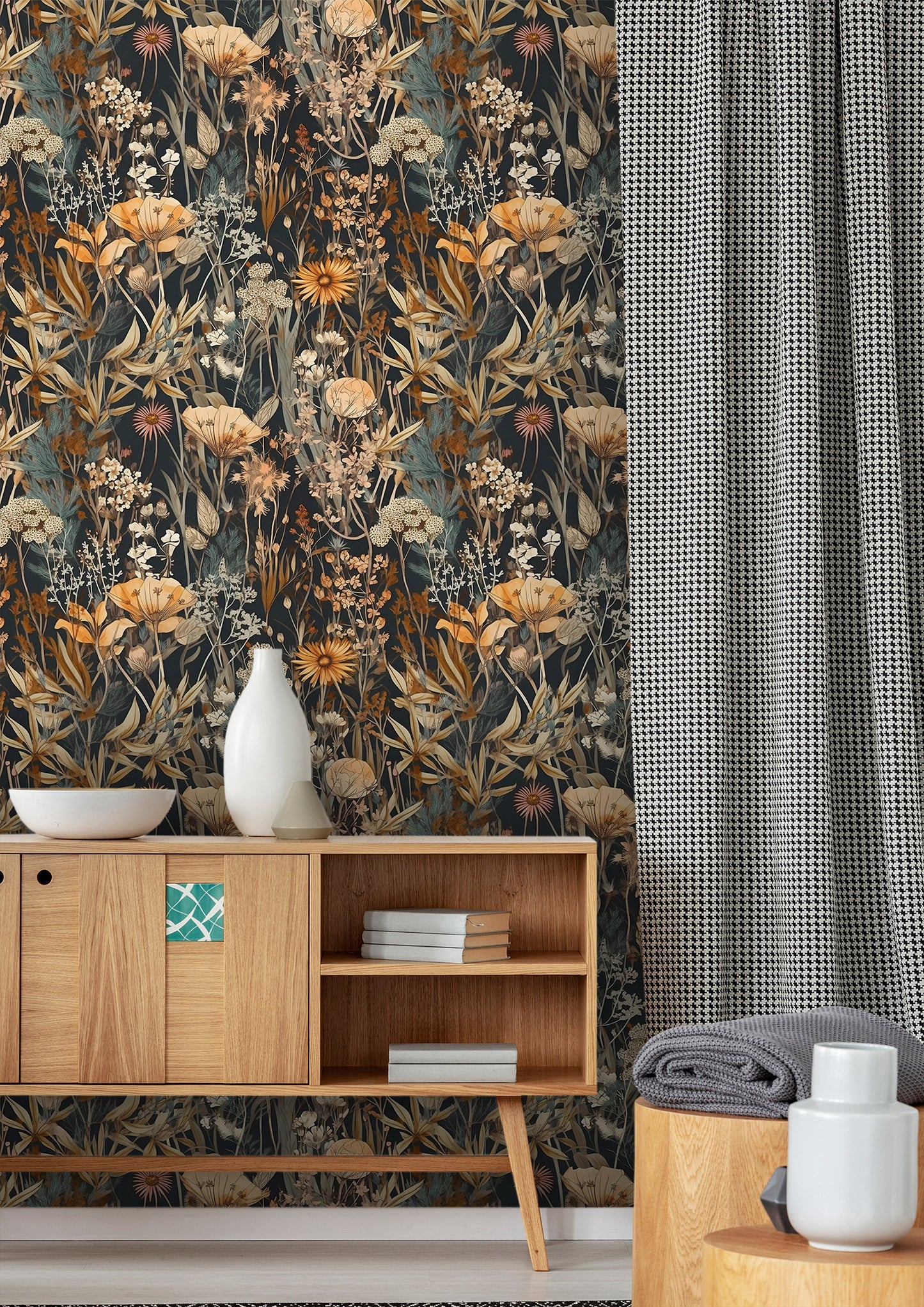 Dark Botanical Wallpaper | Removable Dark Floral Pattern Wallpaper | Botanical Pattern Wallpaper | Peel & Stick Botanical Wallpaper