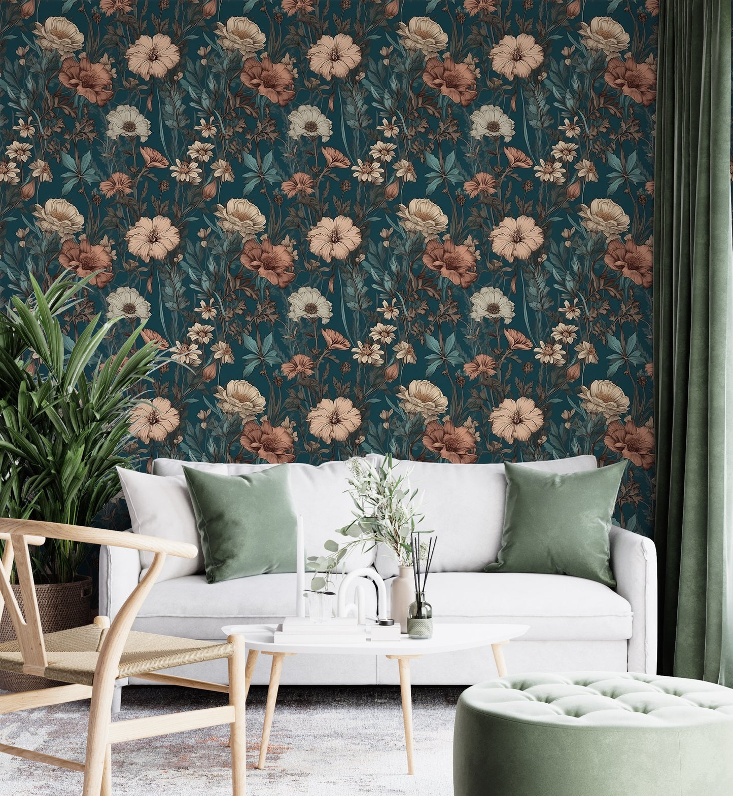 Dark Wildflower Wallpaper | Dark Green Floral Removable Wallpaper | Green Botanic Wallpaper | Dark Flower Pattern Peal and Stick Wallpaper