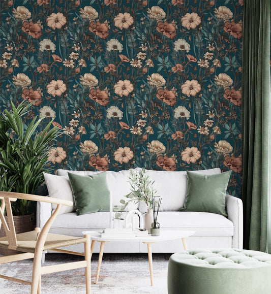 Dark Wildflower Wallpaper | Dark Green Floral Removable Wallpaper | Green Botanic Wallpaper | Dark Flower Pattern Peal and Stick Wallpaper